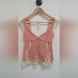 Free People Coral Striped Lace Top